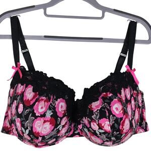 Cacique Pink Black Lace Floral Lightly Lined T-Shirt Underwire Bra 42DD